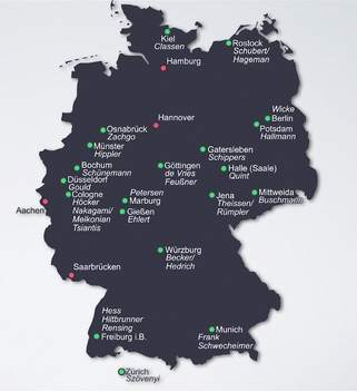 A map of Germany indicating the locations of members of the MAdLand consortium. The first phase consisted of 20 members throughout Germany, and one in Switzerland. The second phase adds an additional 4 members to the list of partners.