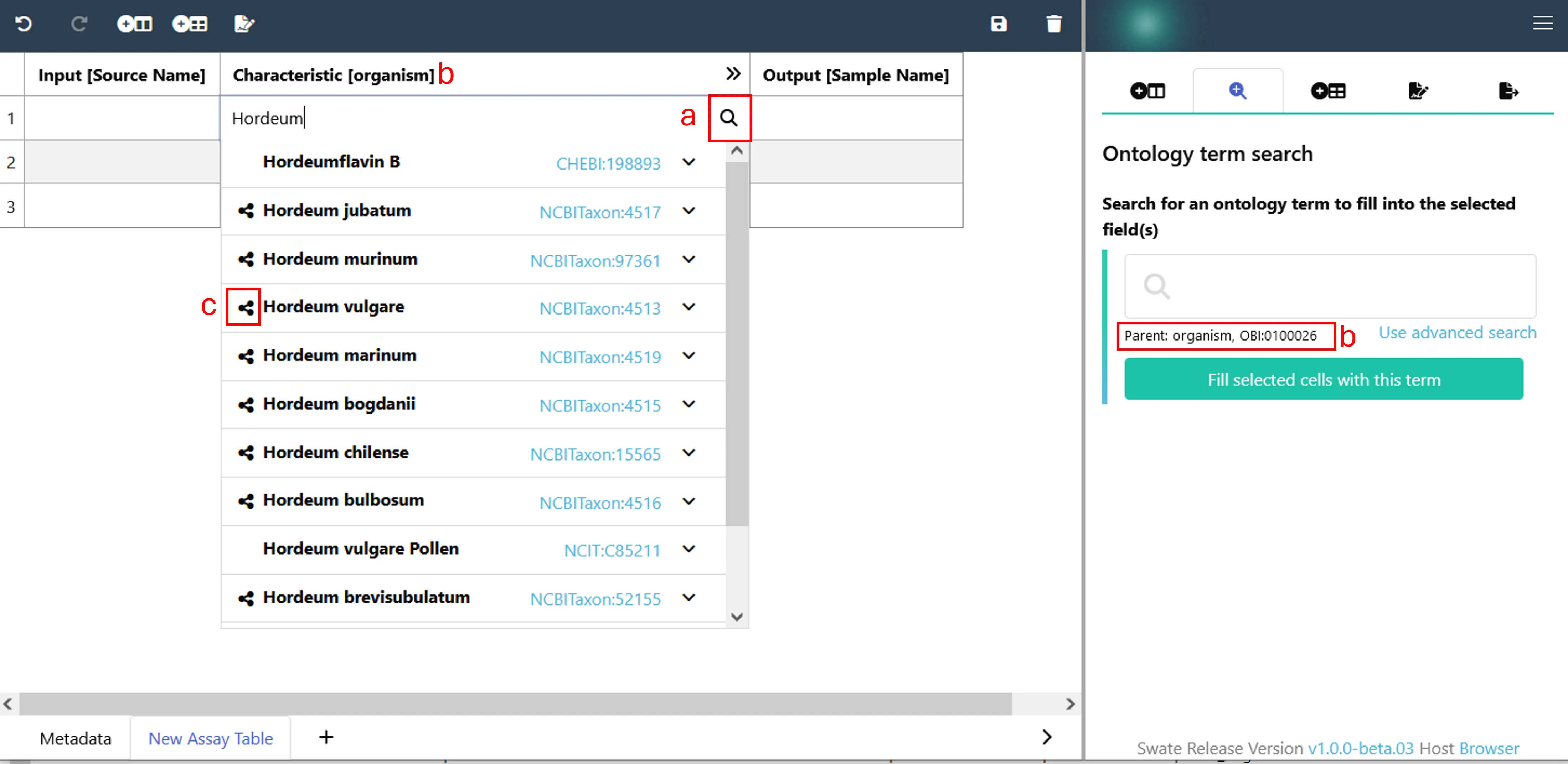 Image highlighting important components of the swate in-table term search