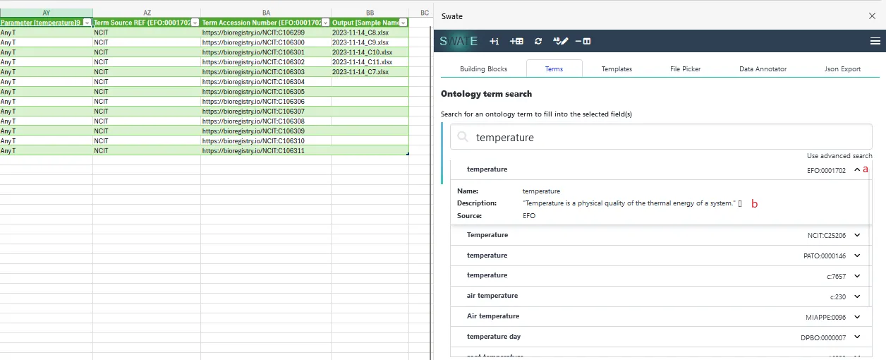 Image highlighting important components of the swate in-table term search